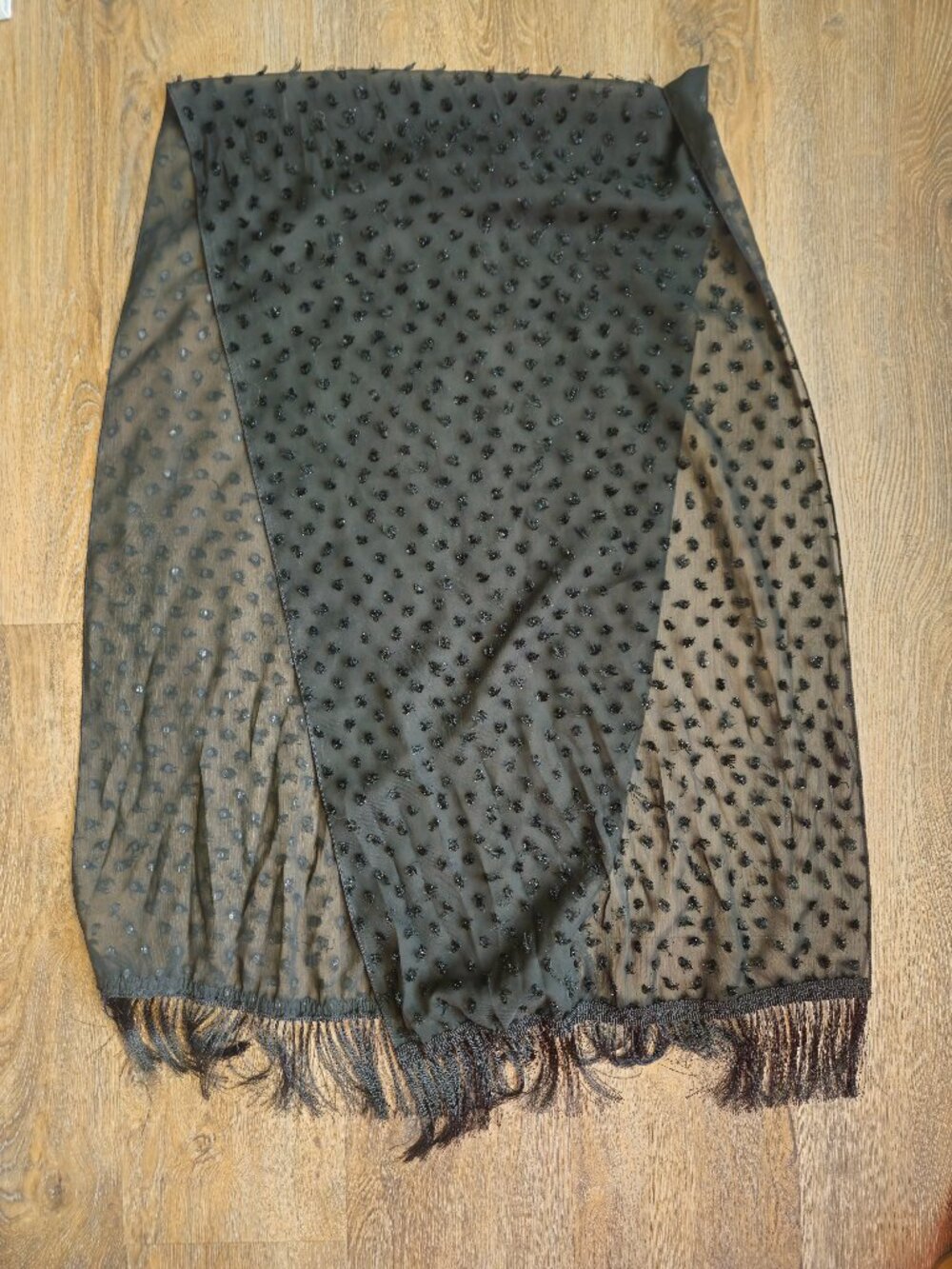 Black sheer polka dot fringe boho festival indie scarf waist tie women's 68x20